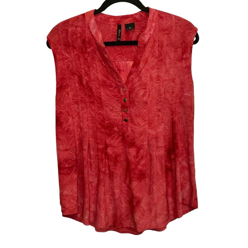 New Directions Petite Large Red Sleeveless Blouse V Neck Button Front Flowy Top